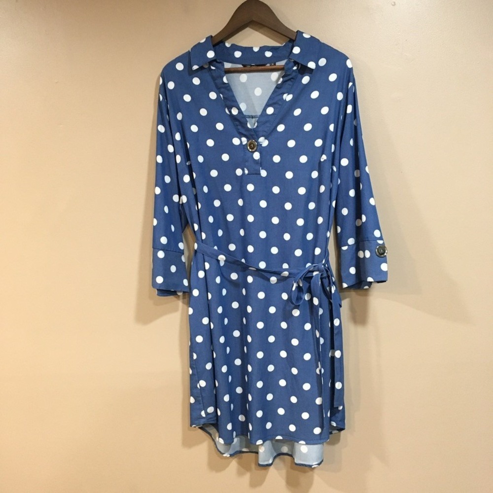 Mlle Gabrielle Polka Dot Shirt Dress Women 3X Blue White Belted Retro Mod Pinup